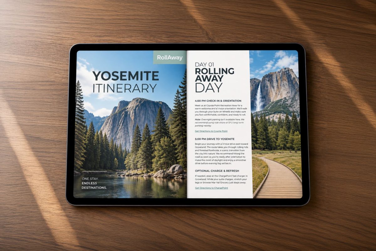 A RollAway itinerary on the in-suite iPad: Yosemite, day one, Rolling Away Day
